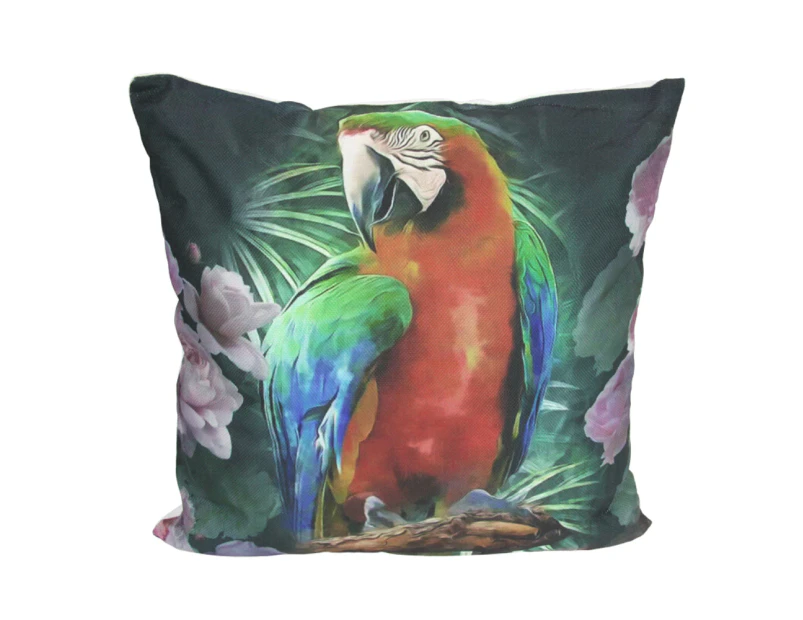 Parrot Cushion with Insert, Features Zip 45cm x 45cm Floral Tropical Bird Design - Green