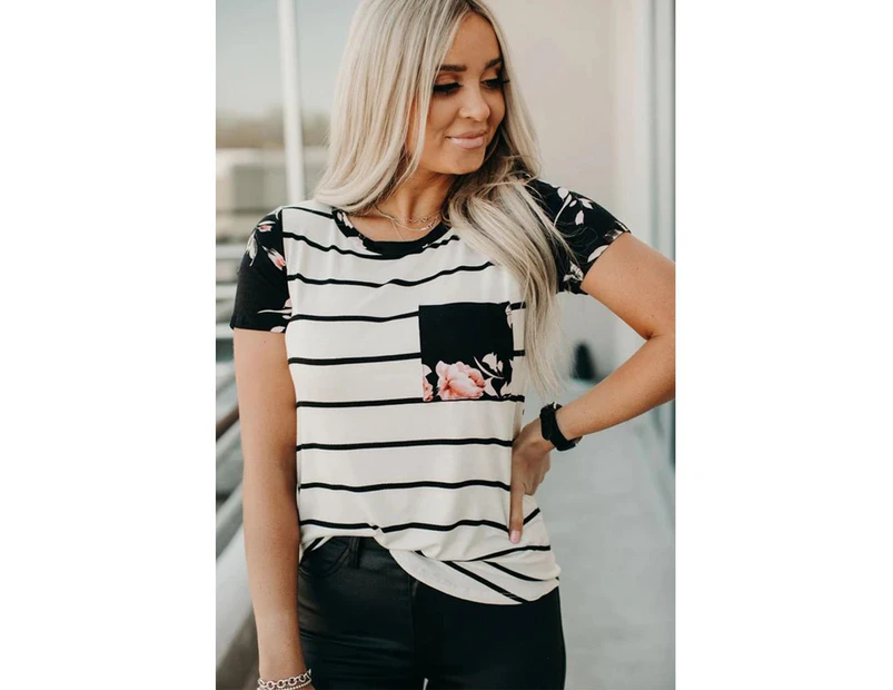 Azura Exchange Black Striped T-shirt with Patch Pocket