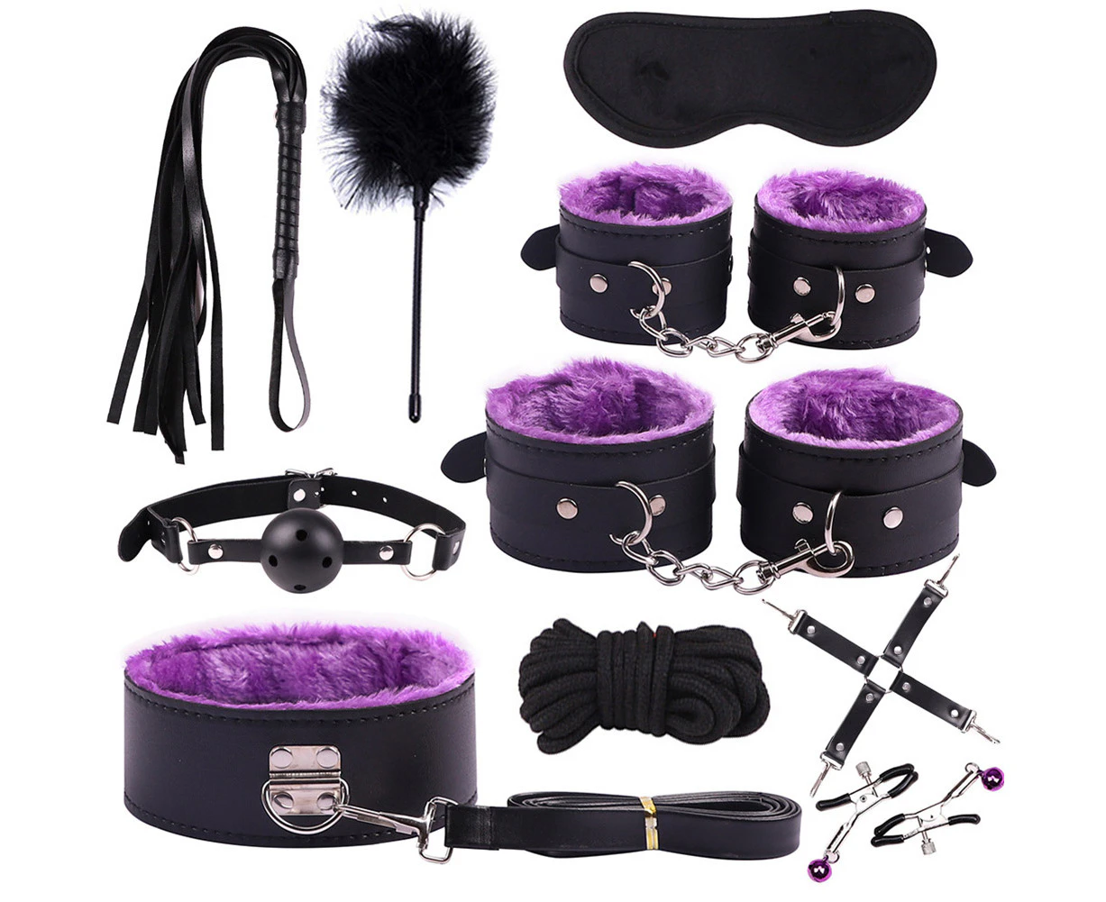 Leiou 10Pcs Adult Bondage Handcuffs Footcuffs Whip Blindfold Intimate Sex Toys Set-Purple