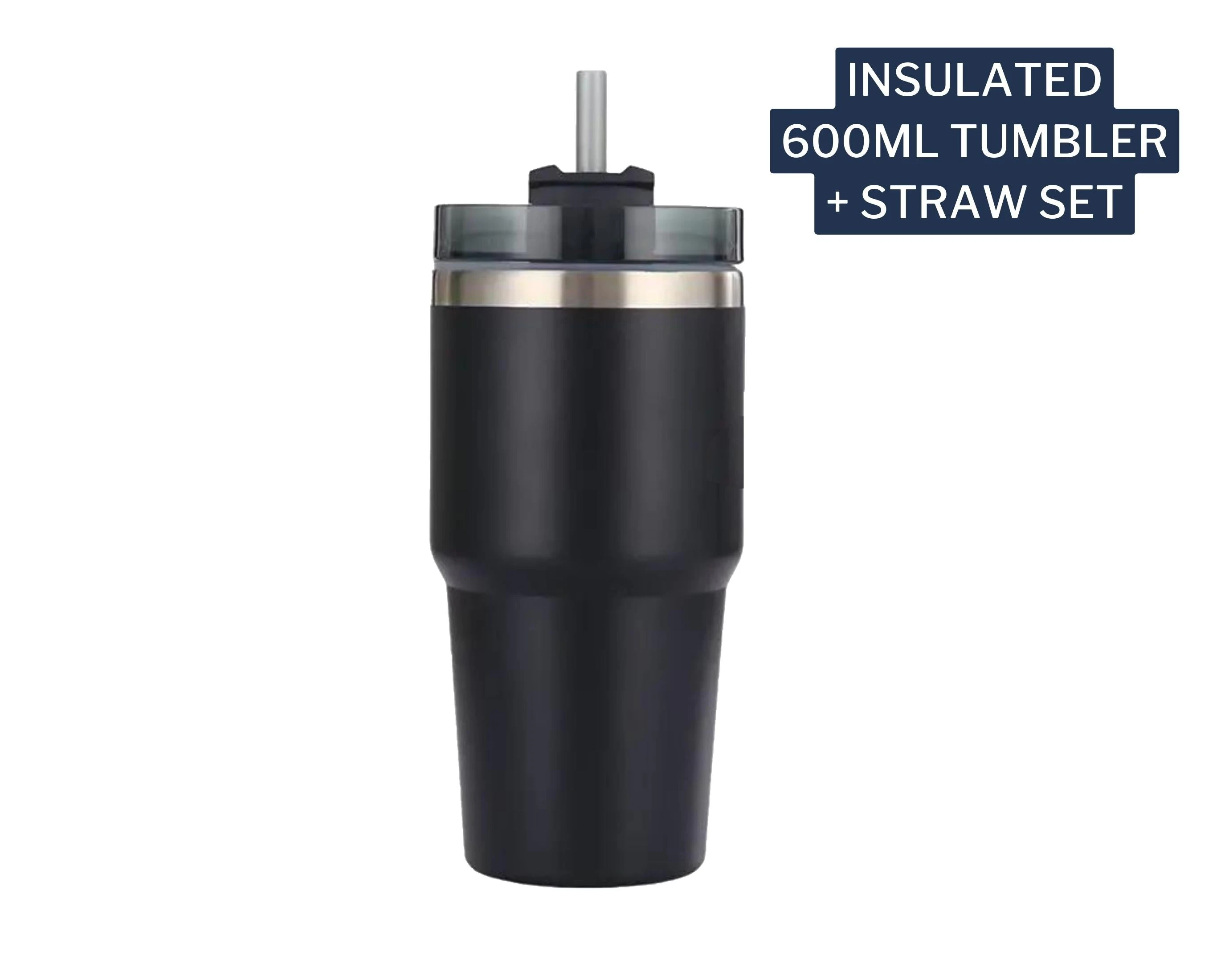 Stainless Steel Insulated Car Cup & Straw 600ml - Black