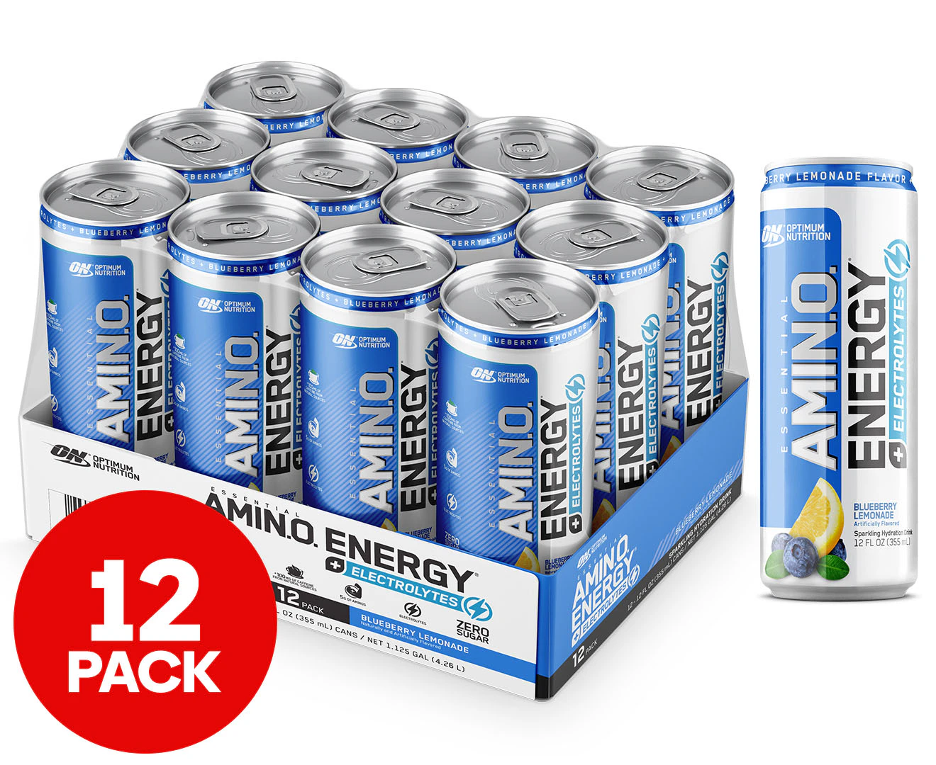 12 x Optimum Nutrition Essential Amino Energy + Electrolytes Sparkling Hydration Drink 355mL - Blue Lemonade