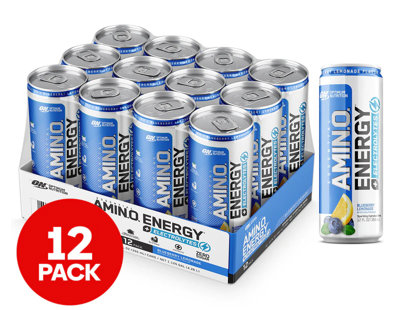 12 x Optimum Nutrition Essential Amino Energy + Electrolytes Sparkling Hydration Drink 355mL - Blue Lemonade