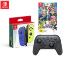 Nintendo Switch Joy-Con Controller Pair, Pro Controller & Super Smash Bros Ultimate Game - Blue/Neon Orange