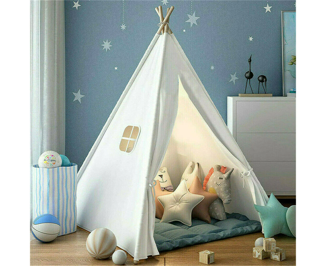 Large Teepee Tent Foldable Canvas Children Play Tent Playhouse Kids f In/Outdoor White