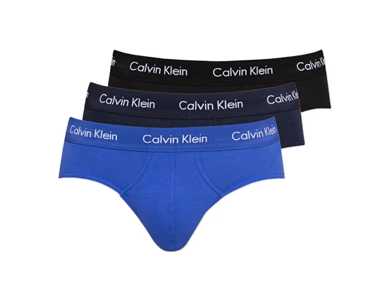 Calvin Klein Men's Underwear Cotton Stretch Hip Brief 3 Pack, Black/Blue Shadow/Cobalt