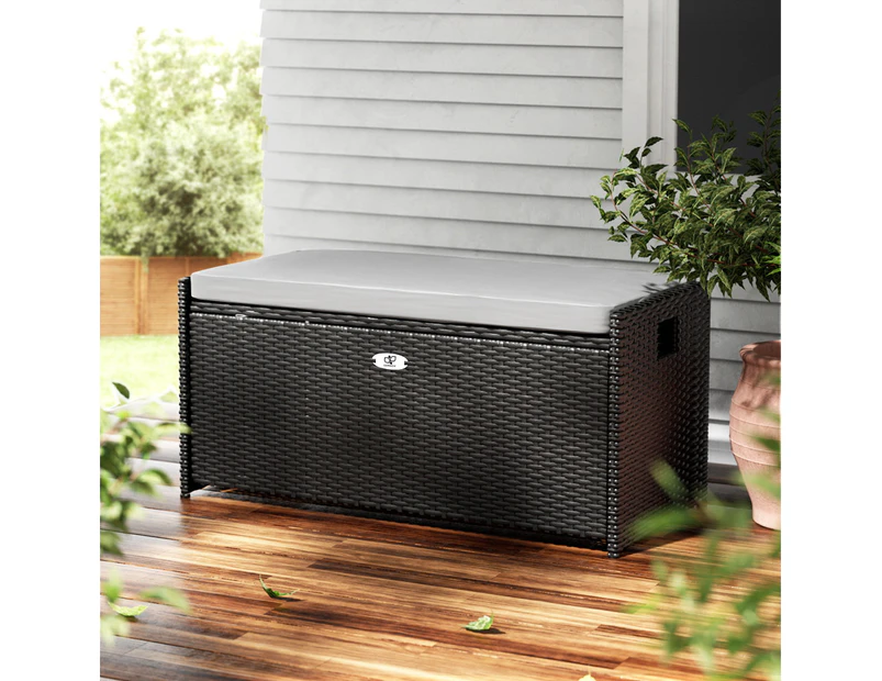 Gardeon Outdoor Storage Bench Box Wicker Garden Sheds Tools Cushion Patio Furniture Black