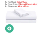 100% Organic Cotton 1200TC White Queen Size Flat Fitted Sheet Pillowcase Set - White