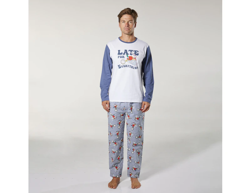 Mitch Dowd - Men's I'm Late Cotton Flannel Long Sleeve Pyjama Set - Blue & White