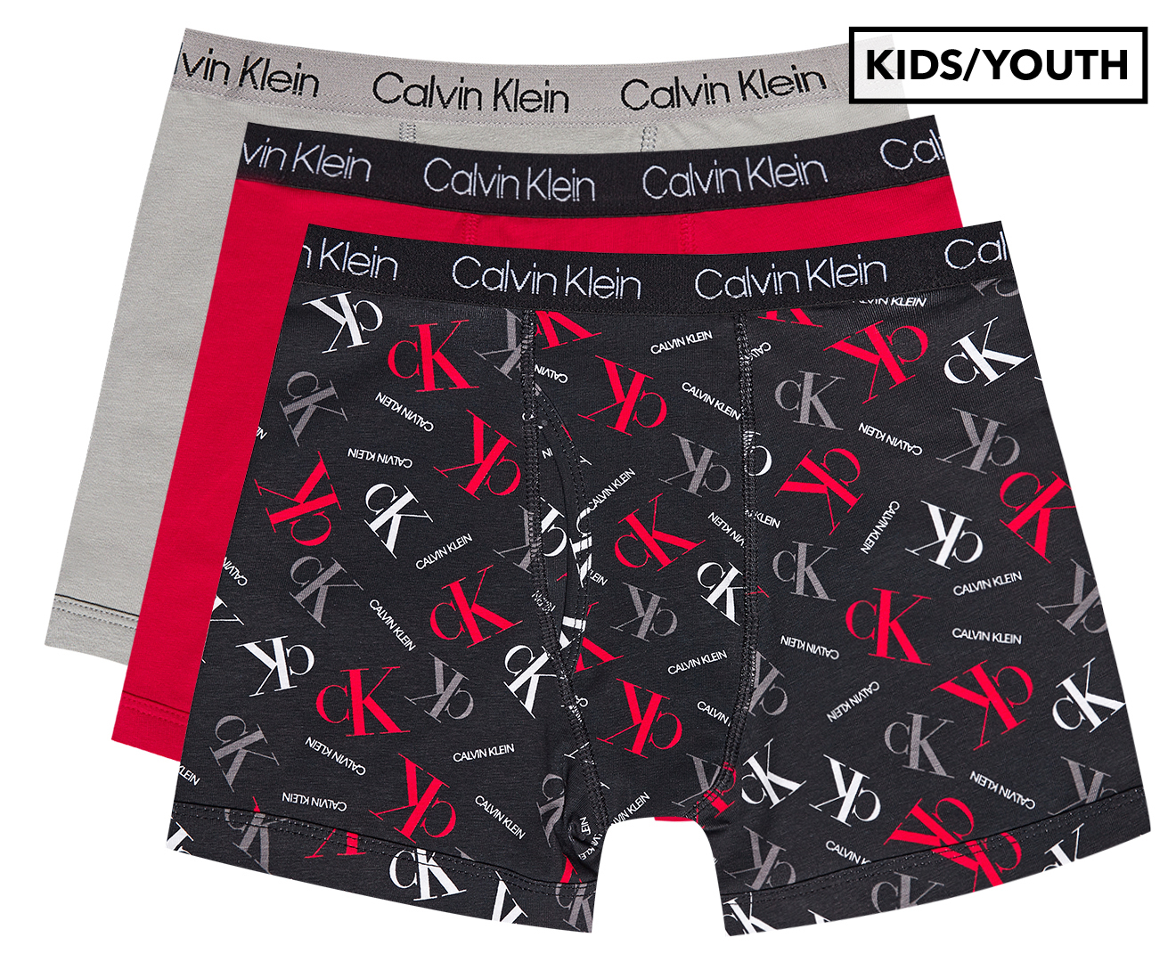 Calvin Klein Boys' Cotton Stretch Boxer Briefs 3-Pack - Black/Grey/Red |  