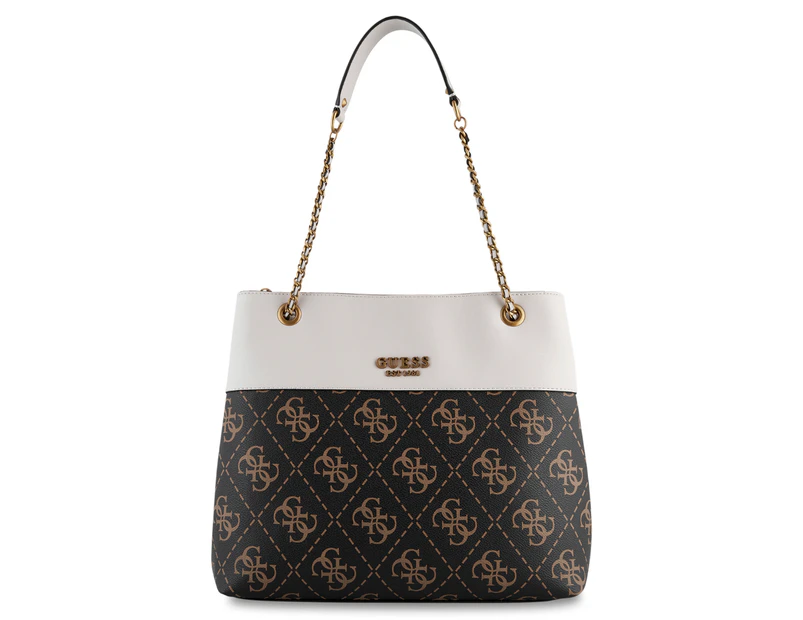 GUESS Berta Elite Society Carryall Bag - Brown Logo/Stone