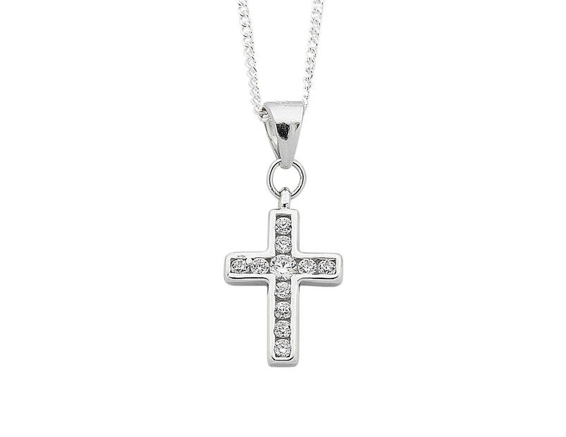 Bevilles 45cm Sterling Silver White Cubic Zirconia Cross Pendant Necklace Religious