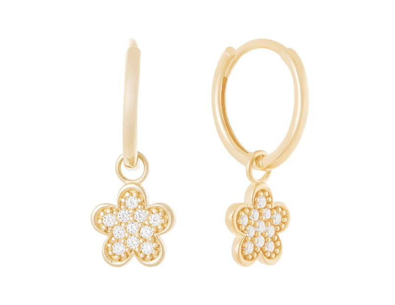 Bevilles 9ct Yellow Gold Pave Flower Charms Hoop Earrings with Cubic Zirconia