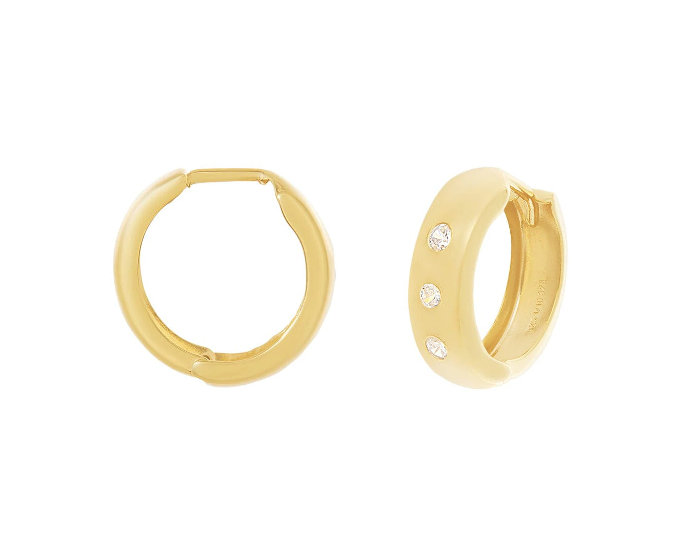 Bevilles 9ct Yellow Gold Silver Infused Huggies Earrings with Cubic Zirconia Hoop