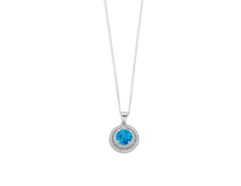 Bevilles 45cm December Birthstone Sterling Silver Synthetic Blue Opal & Cubic Zirconia Halo Necklace 0 - Sterling Silver