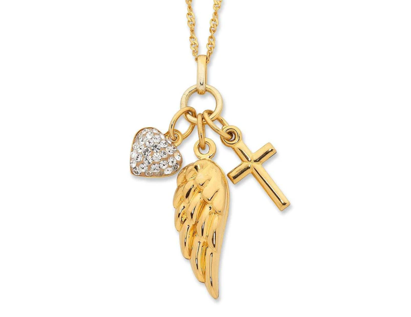Bevilles 9ct Yellow Gold Silver Infused Heart + Cross + Wing Necklace Chain - Yellow Gold