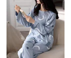 2Pcs/Set O-Neck Long Sleeve Mid-Rise Elastic Waistband Loose Pajamas Set Girls Cartoon Print Pullover Blouse Long Pants Set - Blue