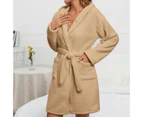 Long Sleeve Pockets Belt Solid Color Plush Nightgown Women Winter Warm Hooded Double Sided Fleece Short Bathrobe Home Wear - Khaki