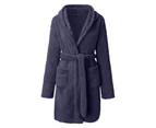 Women Winter Bathrobe Solid Color Thick Sleepwear Warm Belt Cardigan Tight Waist Plush Water Absorption Lady Nightgowns for Home - Navy Blue