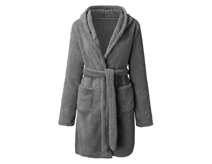 Women Night Gown Solid Color with Hat Long Sleeve Above Knee Comfortable Plush Thick Cardigan Hooded Women Sleeping Gown for Home Wear - Grey