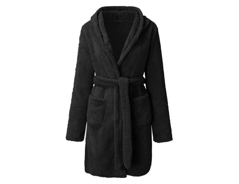 Women Night Gown Solid Color with Hat Long Sleeve Above Knee Comfortable Plush Thick Cardigan Hooded Women Sleeping Gown for Home Wear - Black