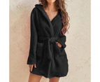 Women Night Gown Solid Color with Hat Long Sleeve Above Knee Comfortable Plush Thick Cardigan Hooded Women Sleeping Gown for Home Wear - Black