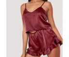 2Pcs/Set Sexy Sleepwear Set Pullover Plus Size Flounced Edge Sling Shorts Women Accessory - Red