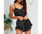2Pcs/Set Sexy Sleepwear Set Pullover Plus Size Flounced Edge Sling Shorts Women Accessory - Black