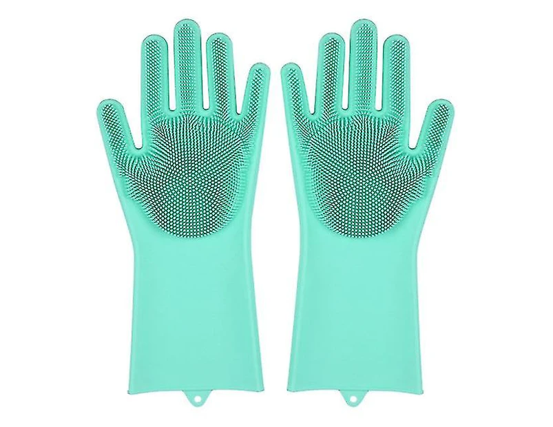 Dishwashing Cleaning Gloves Silicone Rubber Sponge Glove Household Scrubber Kitchen Clean Tools(2 Pieces, Green)