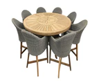 Solomon 1.8m Round Teak Dining Table w/Coastal Wicker Chairs - Outdoor Wicker Dining Settings - Brushed Grey