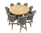 Solomon 1.8m Round Teak Dining Table w/Coastal Wicker Chairs - Outdoor Wicker Dining Settings - Brushed Grey