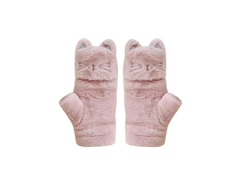 Cartoon Cat Gloves Cute Plush Gloves Flip- Cover Fingerless Warm Mittens Student Soft Gloves Women Girls 1 Pairpink