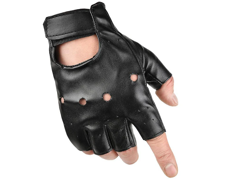 Men Pu Leather Punk Half Finger Hollow Out Gloves Black