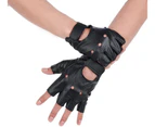 Men Pu Leather Punk Half Finger Hollow Out Gloves Black