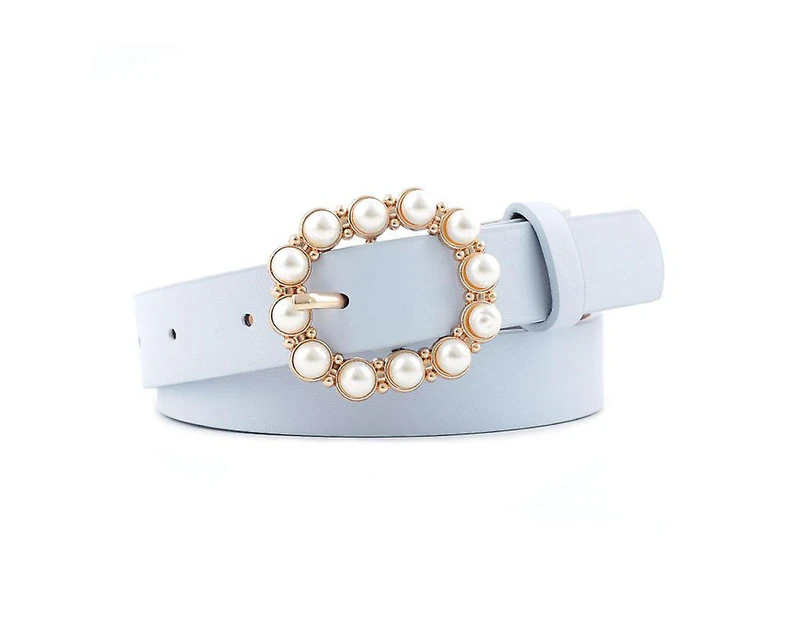Women's Belt Buckle Adjustable Leather Pearl Waist Chain Head Layer Leather Decorative Dress Small Belt Ladies 1pcsblue
