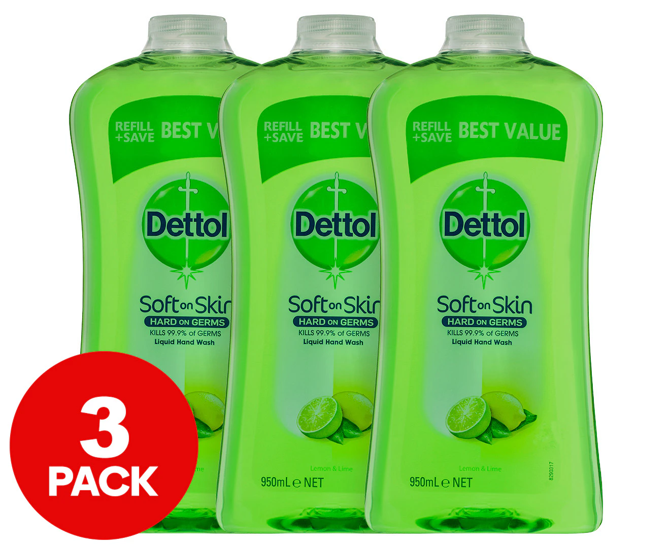 3 x Dettol Refresh Antibacterial Liquid Hand Wash Refill Lemon & Lime 950mL