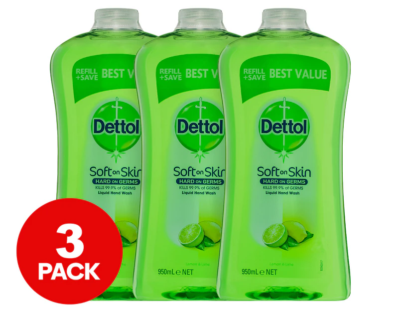 3 x Dettol Refresh Antibacterial Liquid Hand Wash Refill Lemon & Lime 950mL