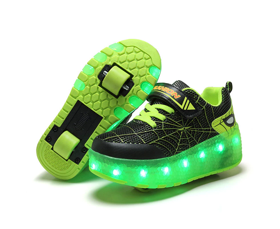 Roller Shoes with Wheels for Boys Girls Kids Skates Sneakers LED Light Rechargeable - Green