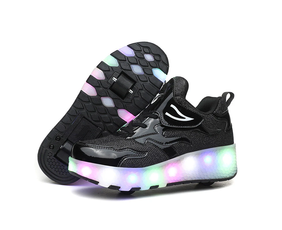 Roller Shoes with Wheels for Boys Girls Kids Skates Sneakers LED Light Rechargeable - Black