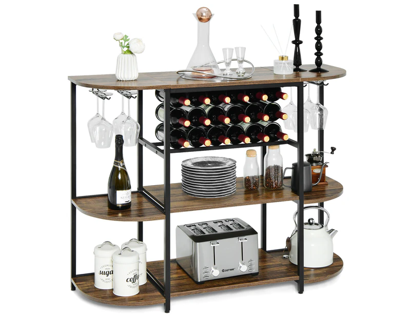Giantex Industiral Wine Rack Table Coffee Bar Cabinet Glass Holder Kitchen Storage Shelves Stand, Rustic Brown