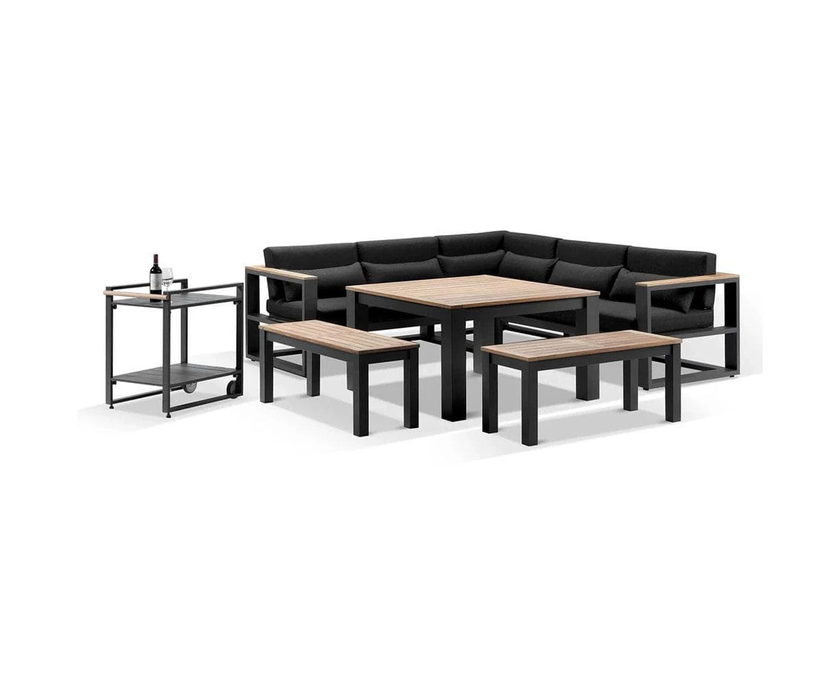 Outdoor Balmoral Outdoor Aluminium Lounge And Dining Setting With Bar Cart - Outdoor Aluminium Lounges - Charcoal with Denim Grey