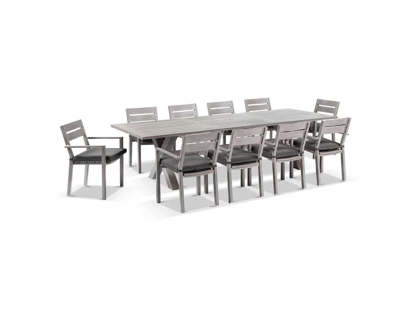 Outdoor Aged Teak Look Tahitian 3M Aluminium Dining Setting With Santorini Chairs - Outdoor Aluminium Dining Settings - Aged Teak Look with Denim Grey