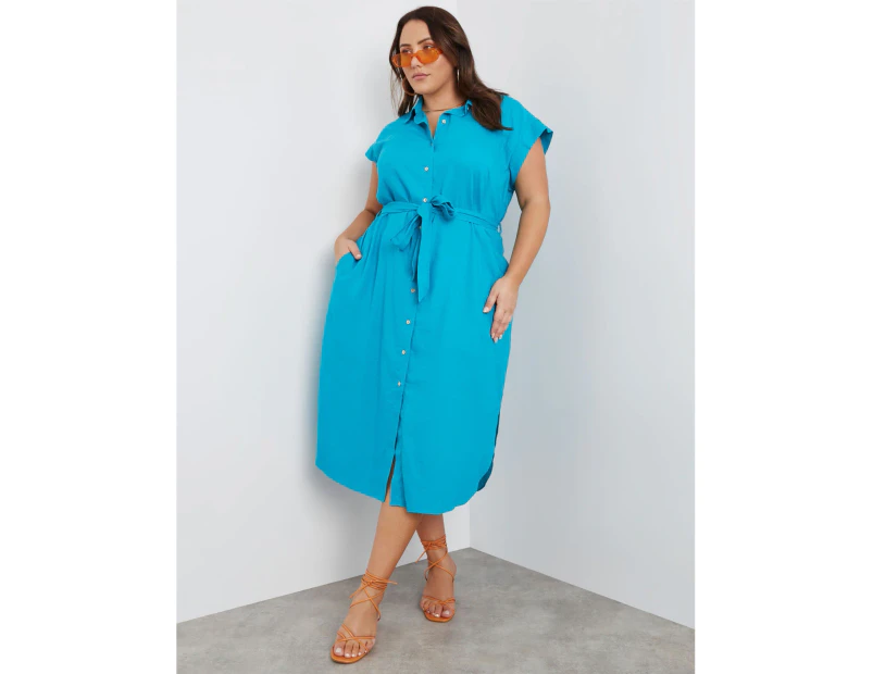 Beme Extend Sleeve Button Thru Tie Waist Linen Shirt Dress - Plus Size Womens - Tile Blue