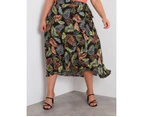 Beme Tie Waist Wrap Hi Lo Midi Skirt - Plus Size Womens - Black Leaf