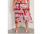 Beme Tie Waist Wrap Hi Lo Midi Skirt - Plus Size Womens - Berry Patchwork