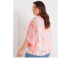 Beme Extended Sleeve V Neck Mesh Shirred Waist Knit Top - Plus Size Womens - Pink Stripes