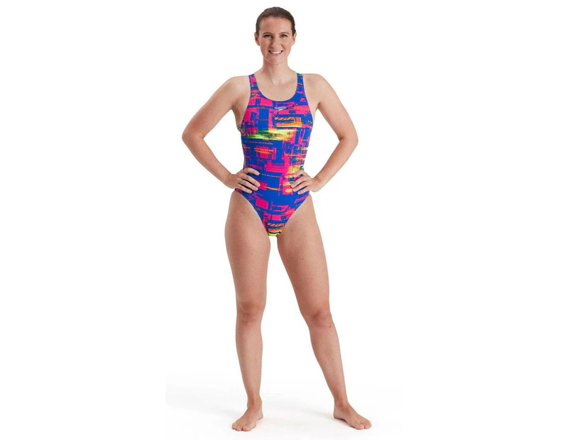 Speedo Women's Allover Recordbreaker Swimsuit - Blue/ Pink/ Salso/ Yellow