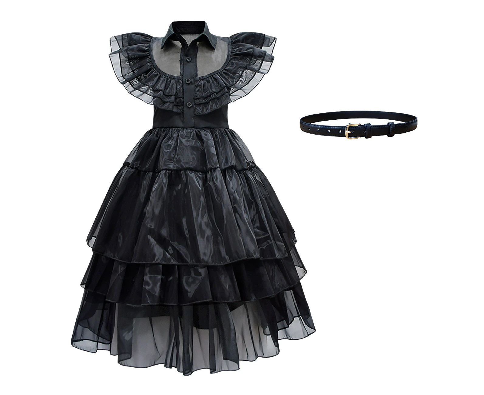 Kids Wednesday Addams Black Dance Dress with Belt Halloween Cosplay Costume