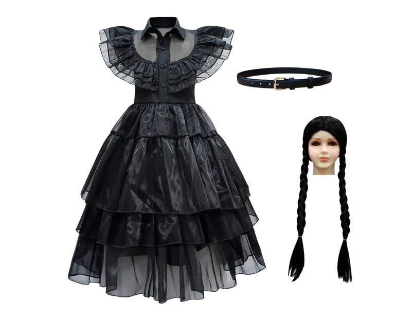 Kids Wednesday Addams Black Dance Dress with Belt Halloween Cosplay Costume