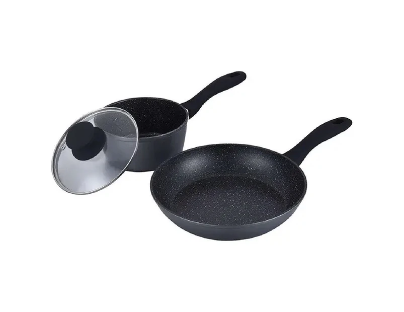 2pc StoneDine Plus 24cm Round Frypan/16cm Sauce Pan Non-Stick Cookware Set Black