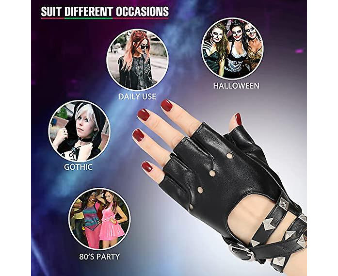 1pair Women Punk Rivets Belt Half Finger Gloves Fingerless Pu